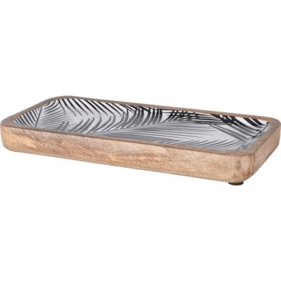 Mango Wood Serving Tray - Black Leaf Design