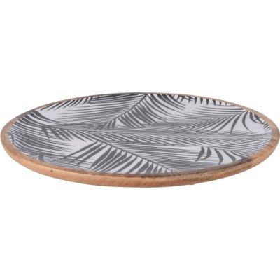 Mango Wood Plate Round - Black Leaf Design